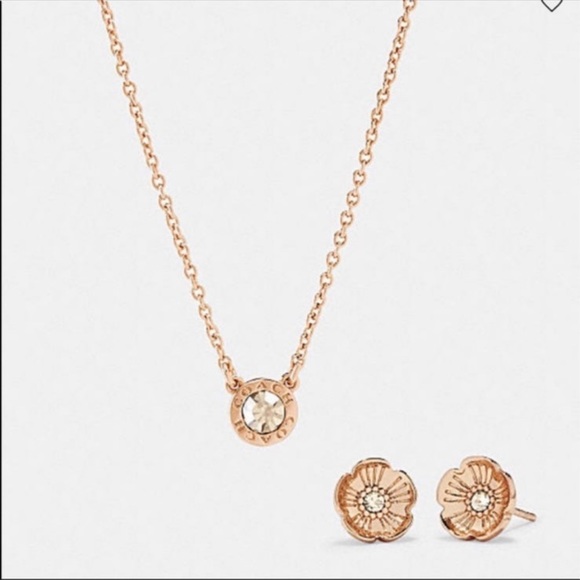 NWT Coach Rose Gold Open Circle Necklace And Tea Rose Stud Earrings Set - Picture 4 of 6